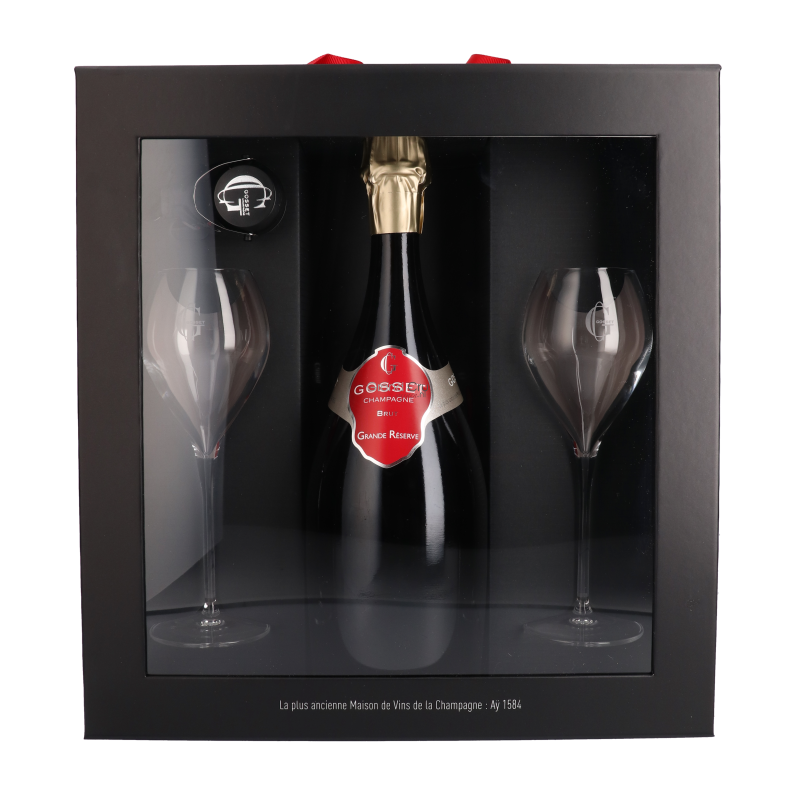 Gosset Giftbox met Champagne Gosset Grande Reserve Brut & 2 Flûtes en 1 Stopper